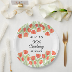 Elegant Botanical Red Tulip 50th Birthday  Paper Plate