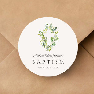 Elegant Botanical Religious Cross Baptism  Classic Round Sticker
