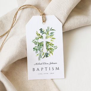 Elegant Botanical Religious Cross Baptism Gift Tags