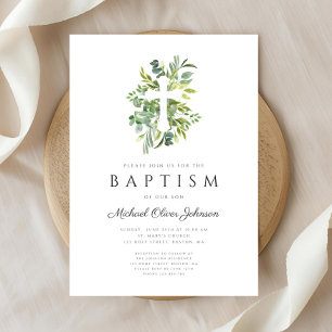 Elegant Botanical Religious Cross Baptism Invitation