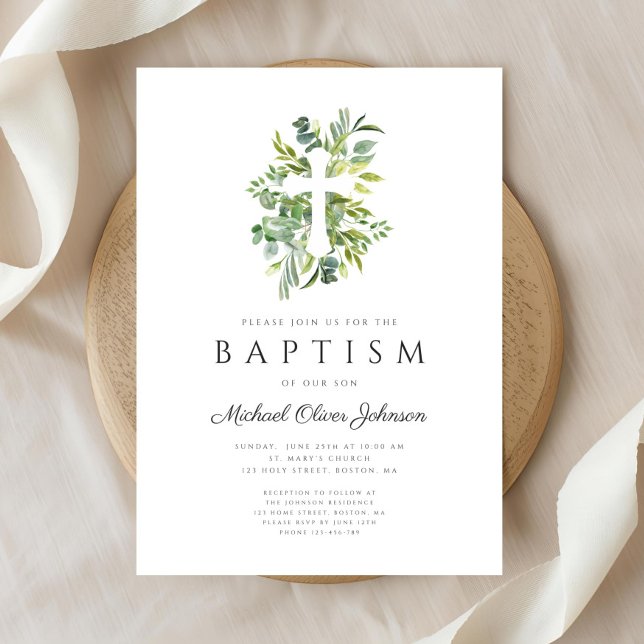 Elegant Botanical Religious Cross Baptism Invitation (Elegant Botanical Religious Cross Baptism Invitation)