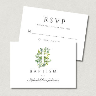 Elegant Botanical Religious Cross Baptism RSVP Card