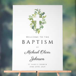 Elegant Botanical Religious Cross Baptism Welcome Acrylic Sign