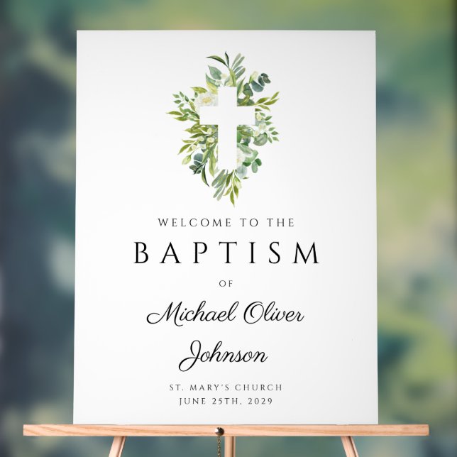 Elegant Botanical Religious Cross Baptism Welcome Acrylic Sign (Neutral)