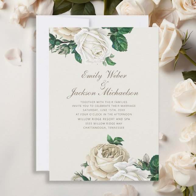Elegant Botanical Roses White Floral Cream Wedding Invitation (Elegant white vintage roses and greenery wedding invitation)