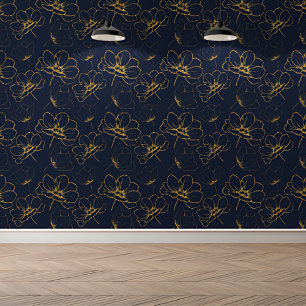 Elegant Botanical Royal Blue Gold Floral Pattern Wallpaper