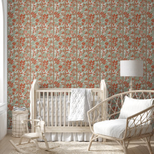 Elegant Botanical Sage Coral Poetic Floral Art Wallpaper