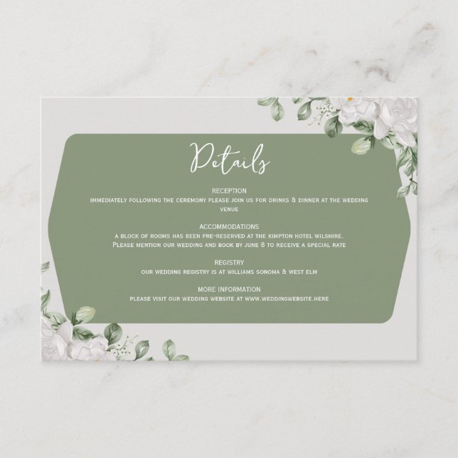 Elegant Botanical Sage Green White Floral Design  Enclosure Card (Front)