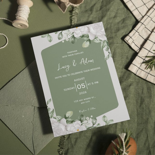 Elegant botanical Sage Green White Floral Wedding Invitation (Creator Uploaded)