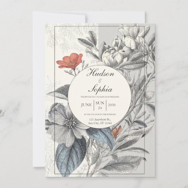 Elegant Botanical Sketch Wedding Invitation (Front)