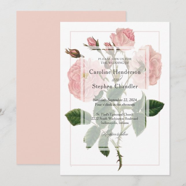 Elegant Botanical Soft Pink Floral  Script Wedding Invitation (Front/Back)