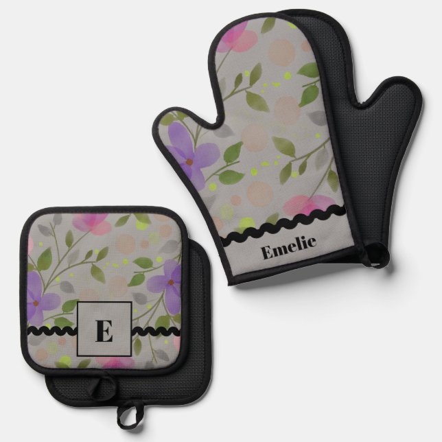 Elegant Botanical spring floral grey background Oven Mitt & Pot Holder Set (Front/Back)