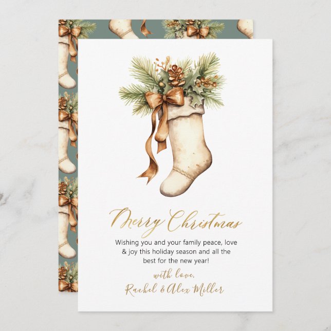 Elegant Botanical Stocking Non Photo Christmas Holiday Card (Front/Back)