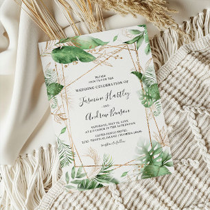 Elegant Botanical Summer Foliage & Gold Wedding Invitation
