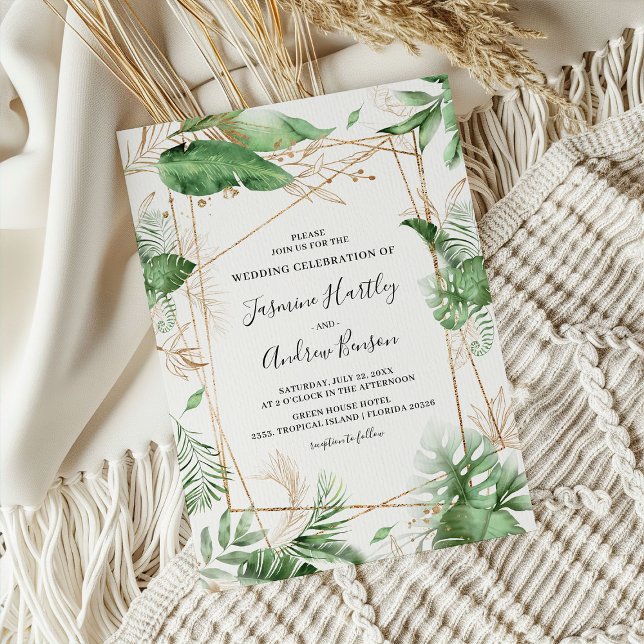 Elegant Botanical Summer Foliage & Gold Wedding Invitation (Creator Uploaded)