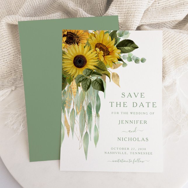 Elegant Botanical Sunflowers Save The Date (Green Sunflower Eucalyptus Wedding Save The Date)