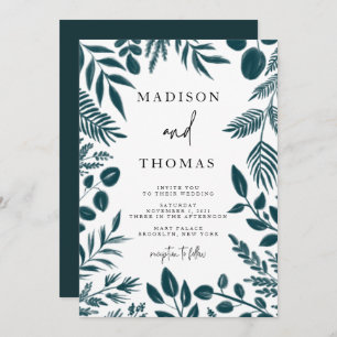 Elegant Botanical Teal Blue Wedding Invitation