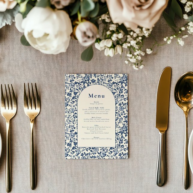 Elegant botanical-themed blue and cream arch menu (Elegant deep blue delftware style botanical menu, classic and timeless celebration frame.)