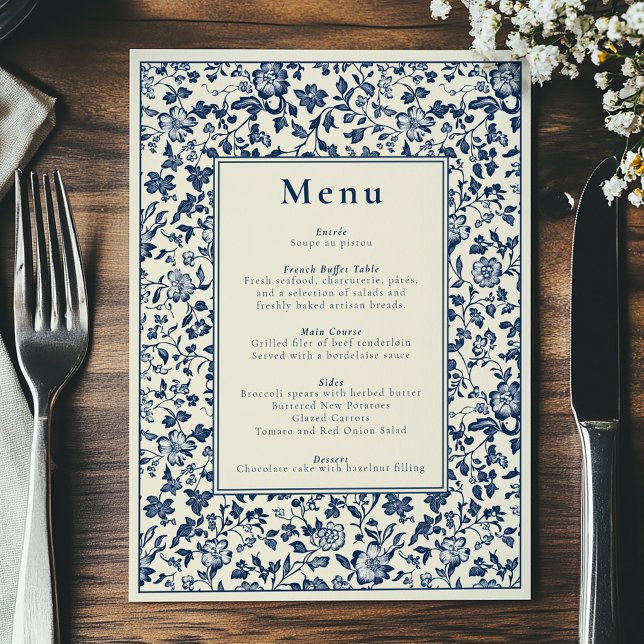 Elegant botanical-themed blue and cream menu (Botanical-themed menu, classic and timeless celebration. Delftware style antique border.)