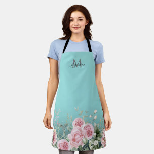Elegant Botanical Turquoise Script Name Monogram  Apron