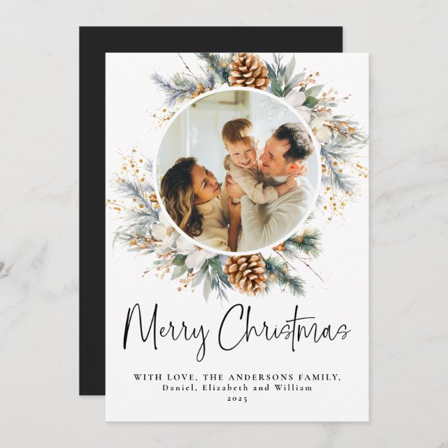 Elegant Botanical Typography Script Christmas Holiday Card (Front/Back)
