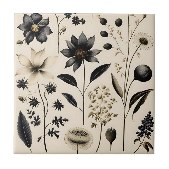 Elegant Botanical Vintage On Cream Ceramic Tile (Front)