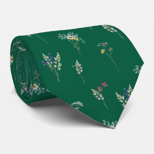 Elegant Botanical Vintage Wildflowers Green Tie