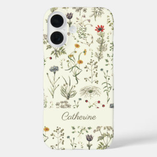 Elegant Botanical Vintage Wildflowers Name White iPhone 16 Case