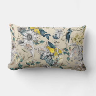 Elegant Botanical Vintage Yellow Grey Floral Lumbar Cushion