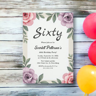 Elegant Botanical Watercolor Floral 60th Birthday Invitation