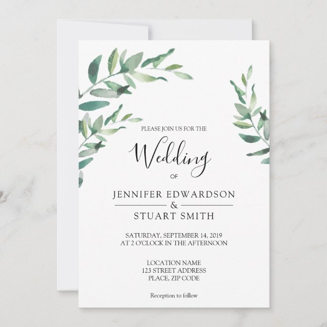 Elegant botanical watercolor leaves Wedding Invitation (Front)