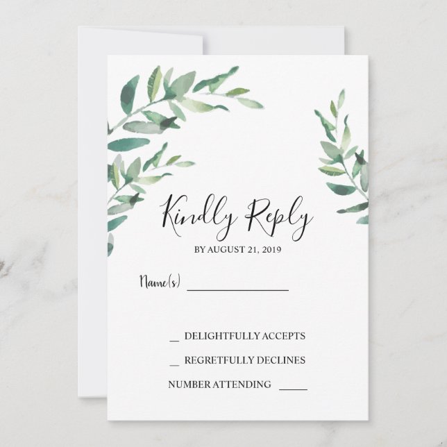 Elegant botanical watercolor leaves Wedding RSVP Invitation (Front)
