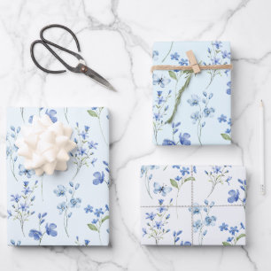 Elegant Botanical Watercolor Pastel Blue Floral  Wrapping Paper Sheet
