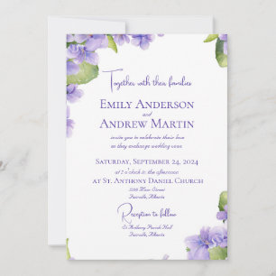 Elegant Botanical Watercolor Violets Wedding Invitation