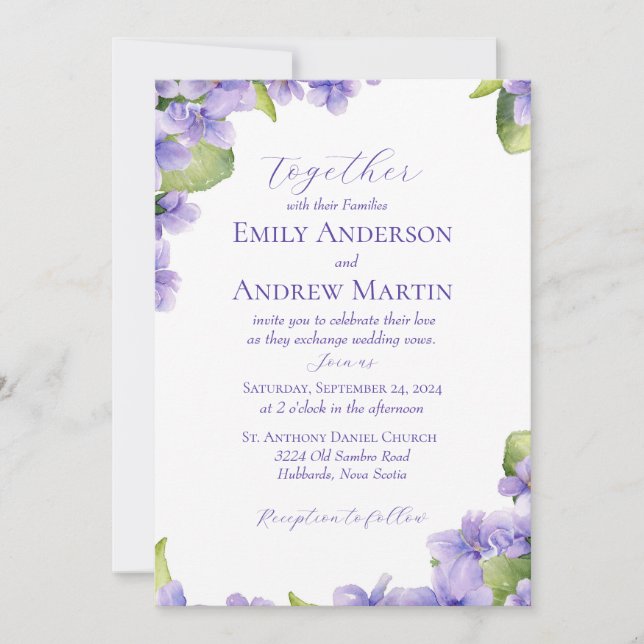 Elegant Botanical Watercolor Violets Wedding Invitation (Front)