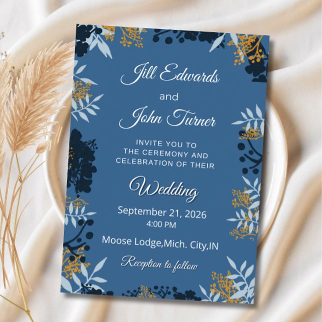 Elegant Botanical Wedding Invitation Blue  (Creator Uploaded)
