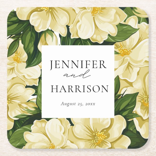 Elegant, botanical wedding invitation square paper coaster (Front)