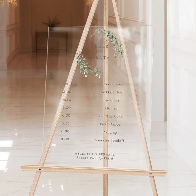 Elegant Botanical Wedding Order of Events Acrylic Sign (Creator Uploaded)