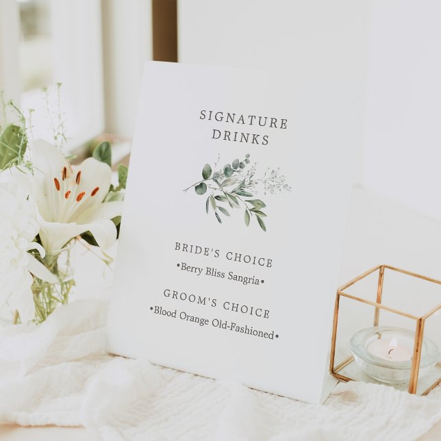 Elegant Botanical Wedding Signature Drinks Pedestal Sign (Creator Uploaded)