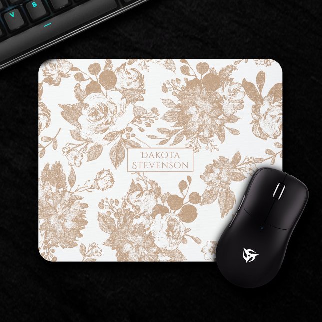 Elegant Botanical | White and Rose Gold Floral Mouse Pad (Creator Uploaded)