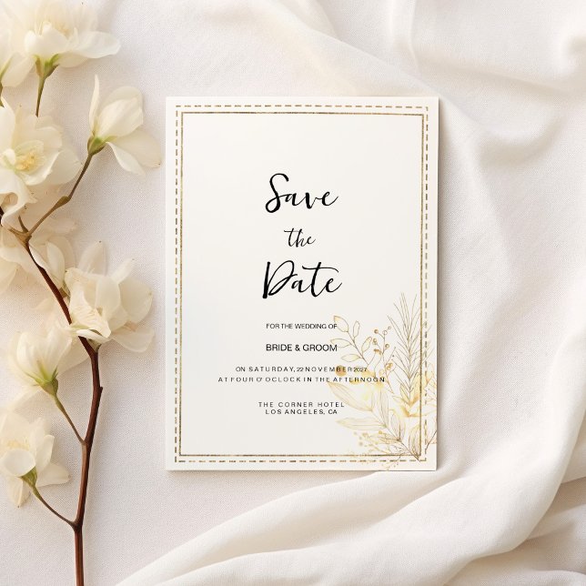 Elegant botanical white gold floral Save the Date Invitation (Elegant botanical white gold floral Save the Date)