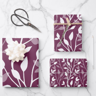 Elegant Botanical White Silhouette on Plum Wrapping Paper Sheet