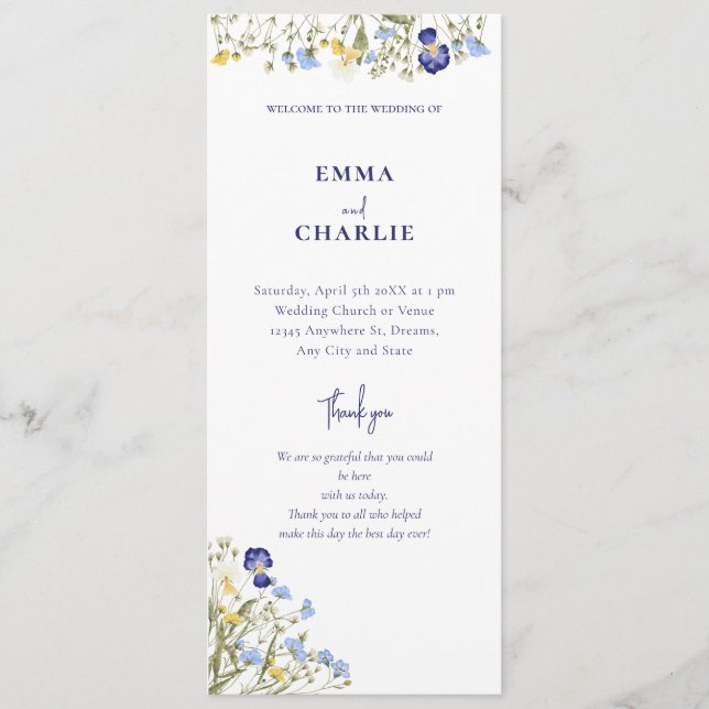 Elegant botanical wildflower Script Wedding Progra Program (Front)