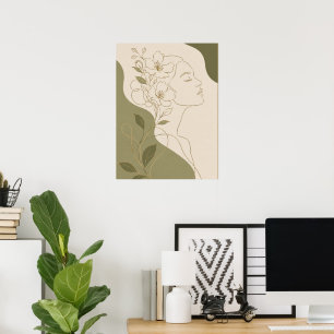 Elegant Botanical Woman Face Line Art and Olive Poster