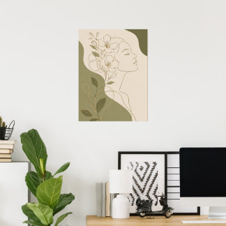 Elegant Botanical Woman Face Line Art and Olive Poster