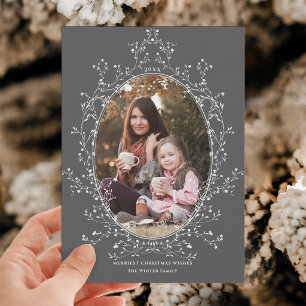 Elegant Botanical Wreath Christmas Photo Grey Holiday Card