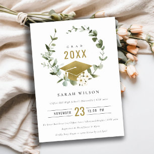 Elegant Botanical Wreath Gold Graduation Party Invitation