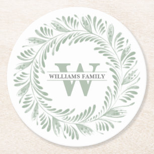 Elegant Botanical Wreath Monogram Round Paper Coaster
