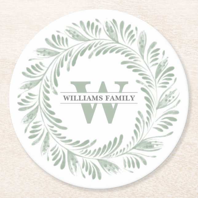 Elegant Botanical Wreath Monogram Round Paper Coaster (Front)