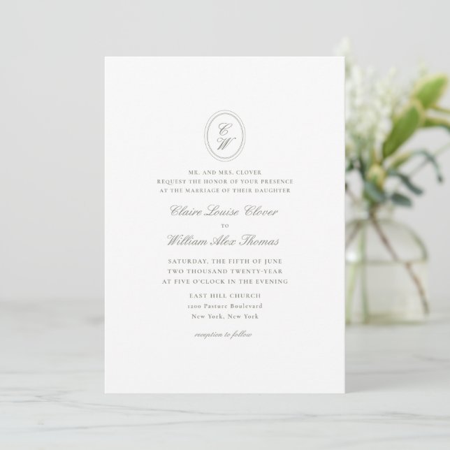 Elegant Botanical Wreath Monogram Wedding Invitation (Standing Front)